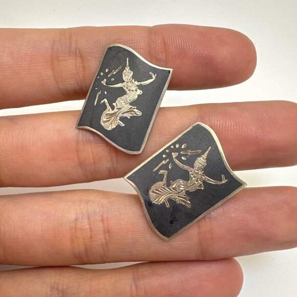 Antique Sterling Silver 925 Siam Dancing Girls Cufflinks Size 0.75" Length - Picture 7 of 11